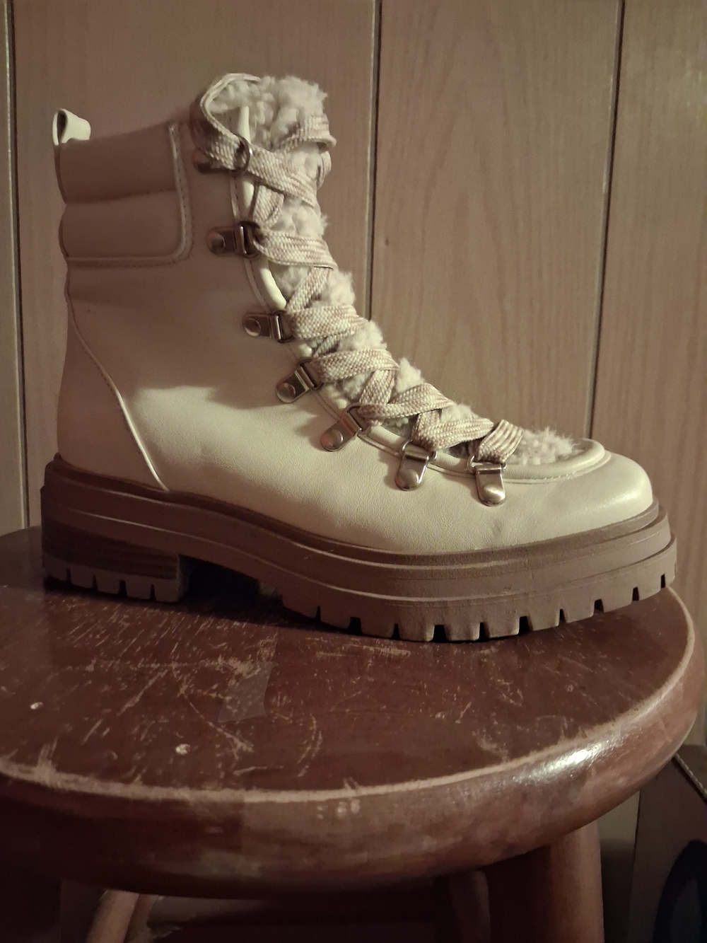 Circus by Sam Edelman Cream Lace-Up Faux Fur Combat Boots